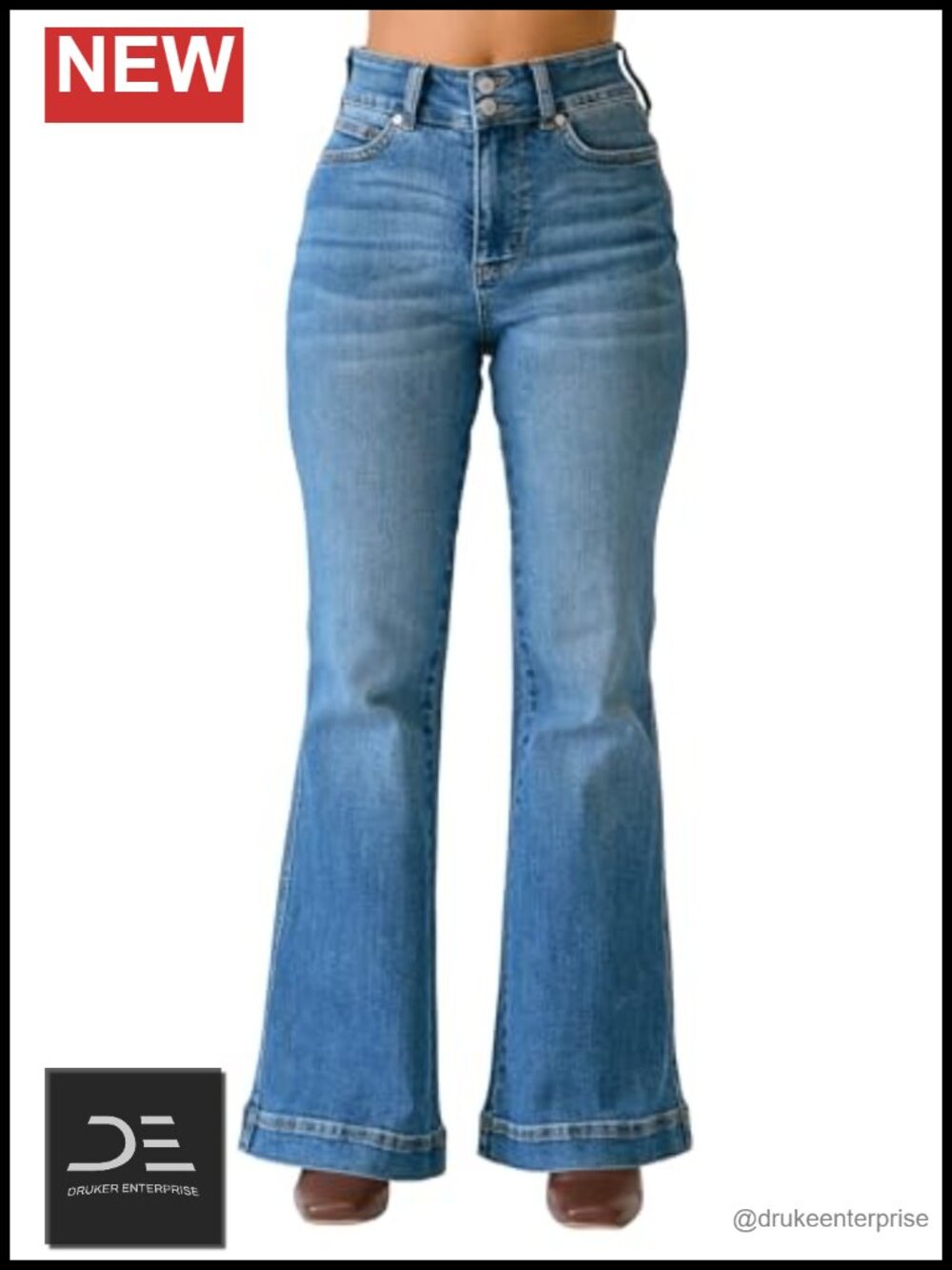 High Waist Flare Jeans Petite Tummy Control Stretch Denim Double Button